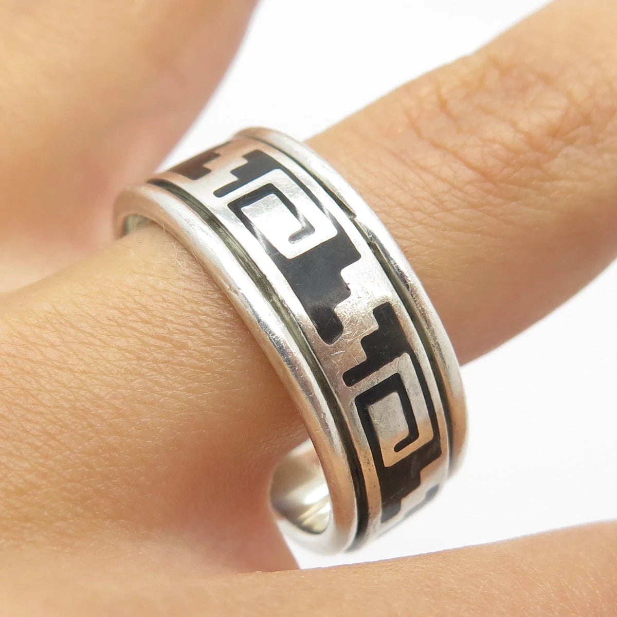 925 Sterling Silver Vintage Mexico Enamel Maze Movable Band Ring Size 13.25
