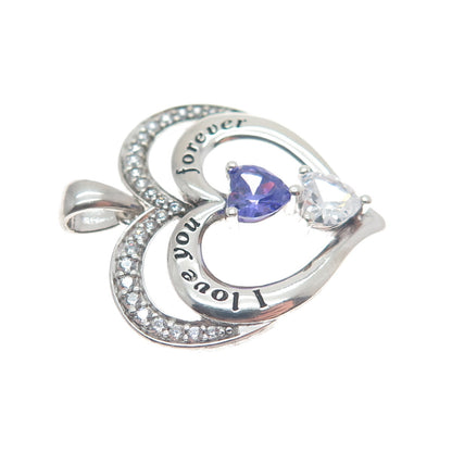 925 Sterling Silver Blue & White C Z "I Love You Forever" Heart Charm Pendant