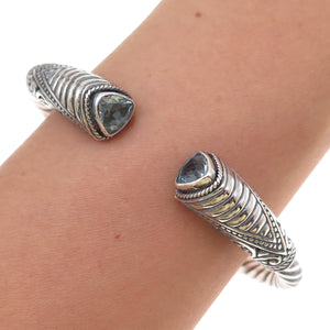925 Sterling Silver Vintage Real Blue Topaz Floral Scroll Bracelet 6.75"