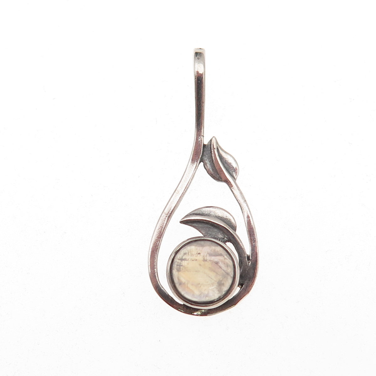 925 Sterling Silver Vintage Real Moonstone Floral Oxidized Charm Pendant