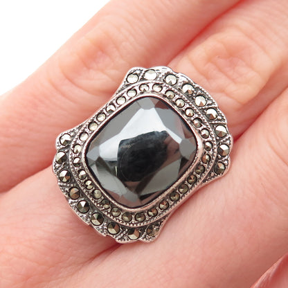 UNCAS 925 Sterling Silver Antique Art Deco Real Hematite Marcasite Ring Size 3.5