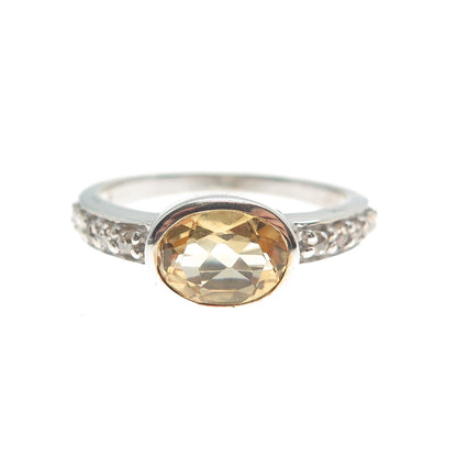 925 Sterling Silver Real Round-Cut Diamond & Oval-Cut Citrine Ring Size 7.75