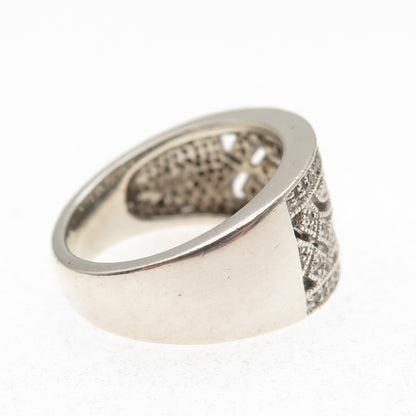 925 Sterling Silver Real Round-Cut Diamond Ornate Ring Size 8