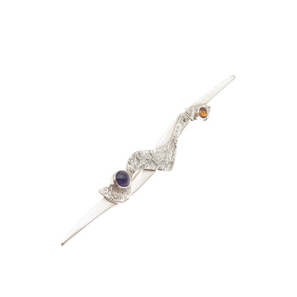 925 Sterling Silver Vintage Artisan Real Amethyst & Citrine Modernist Pin Brooch