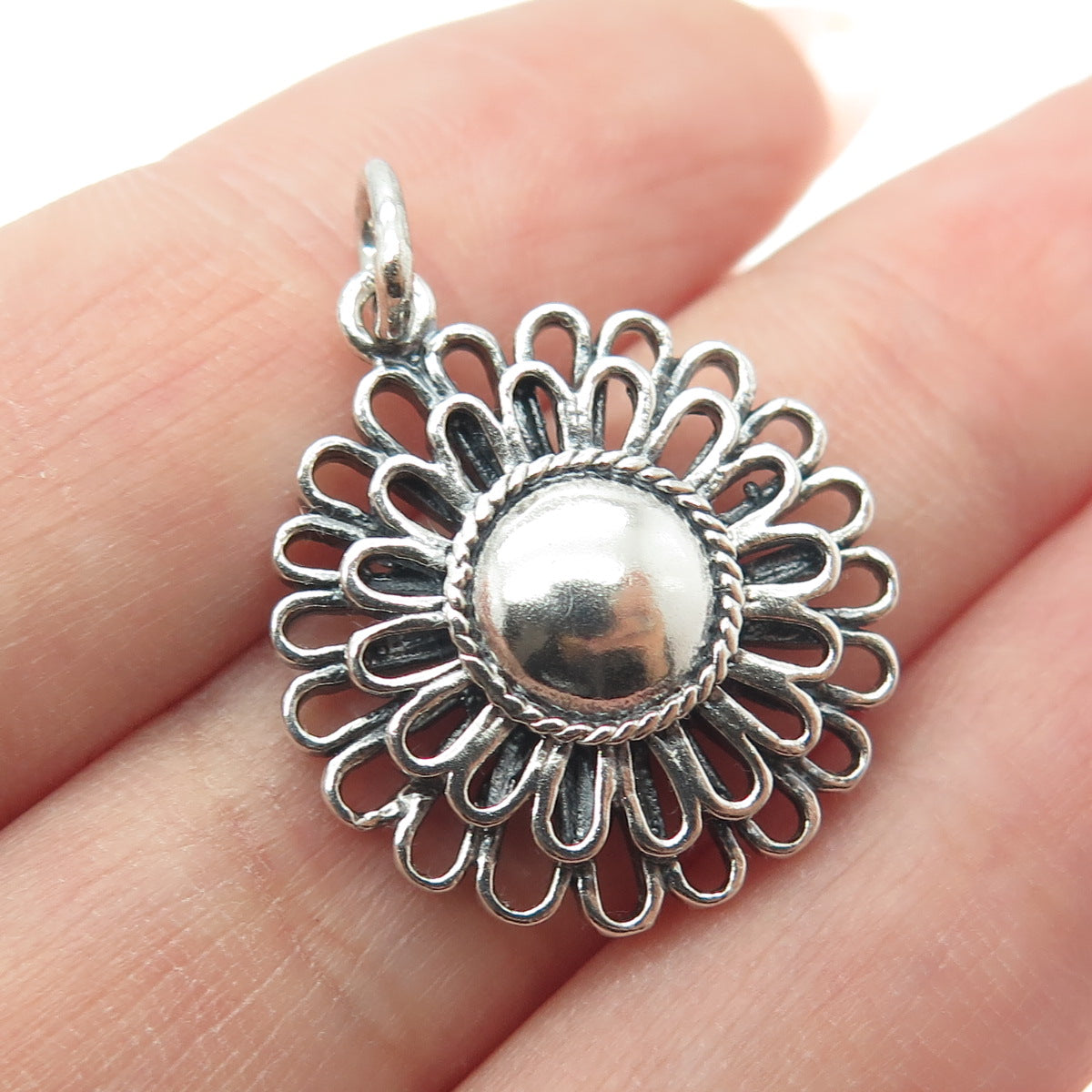 SX Sally C 925 Sterling Silver Vintage Floral Oxidized Pendant