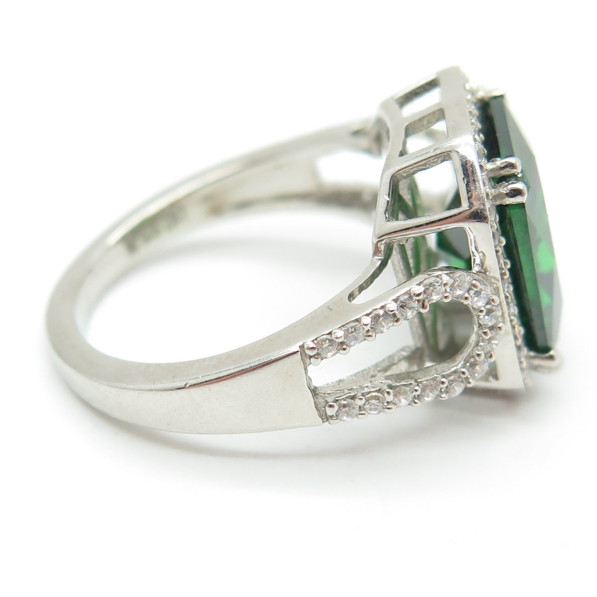 925 Sterling Silver Green Octagon-Cut & White Round-Cut Shaped C Z Ring Size 8