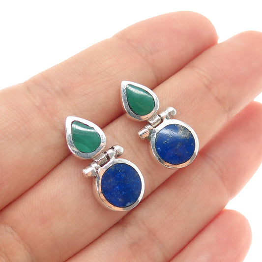 950 Silver Vintage Real Lapis Lazuli & Malachite Modernist Earrings