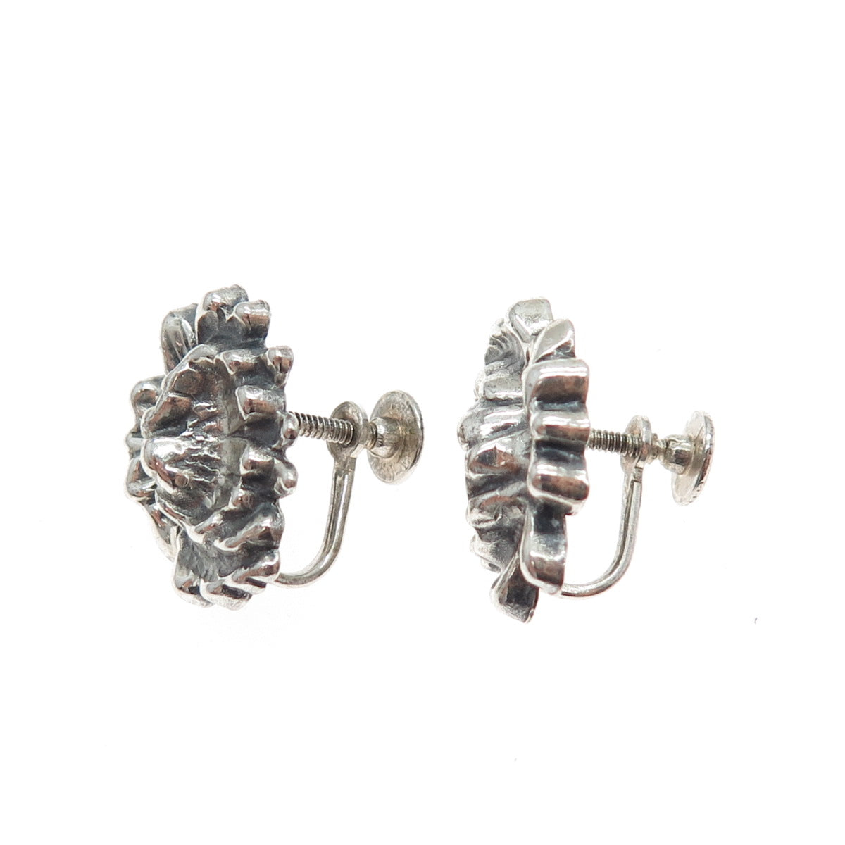 JEWELART Sterling Silver Antique Art Deco Flower Oxidized Screw Back Earrings
