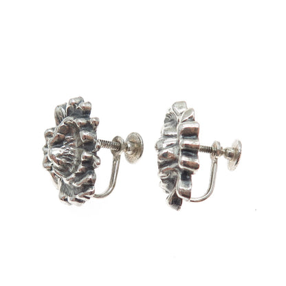 JEWELART Sterling Silver Antique Art Deco Flower Oxidized Screw Back Earrings