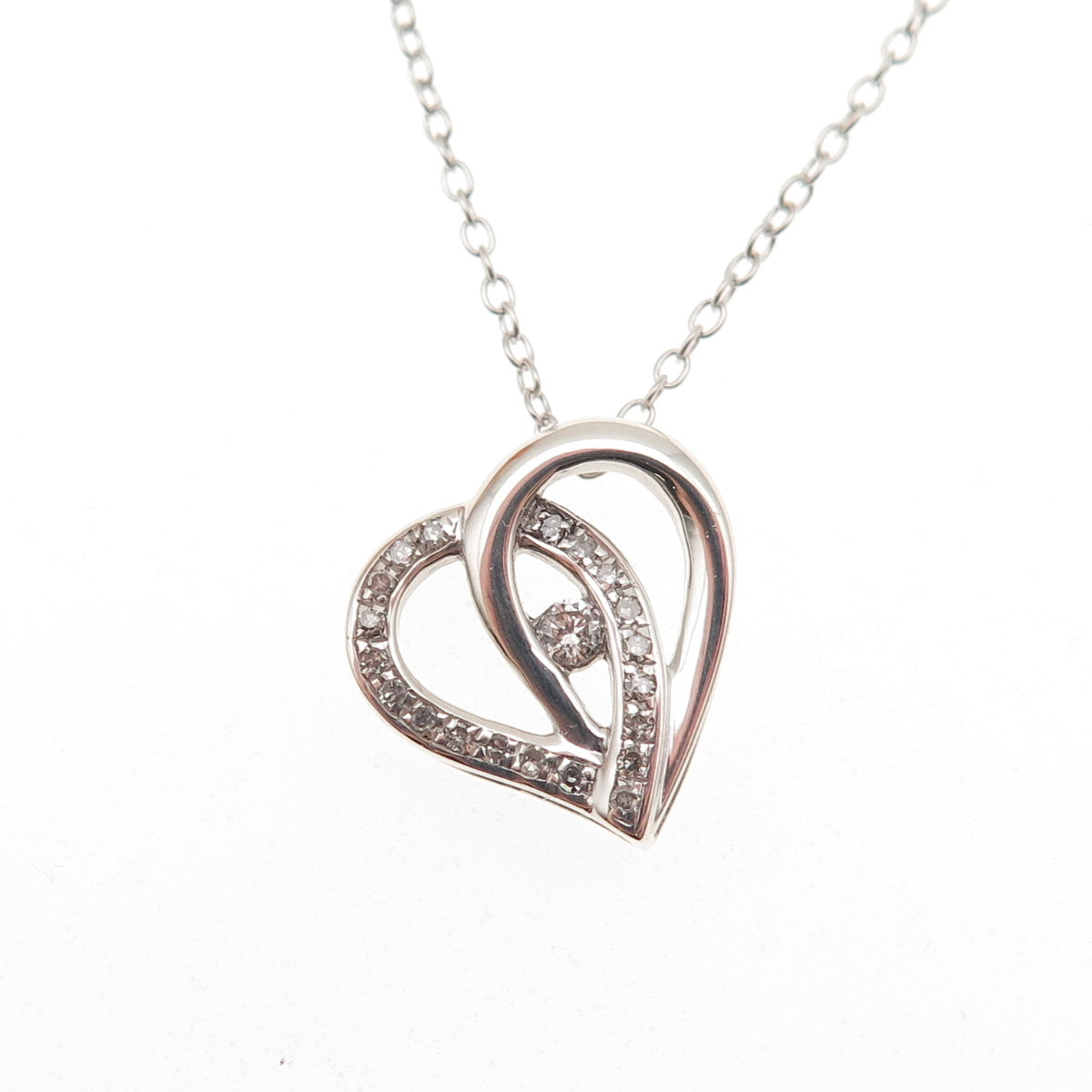 925 Sterling Silver Real Round-Cut Diamond Heart Cable Chain Necklace 18"