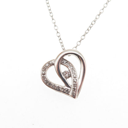925 Sterling Silver Real Round-Cut Diamond Heart Cable Chain Necklace 18"