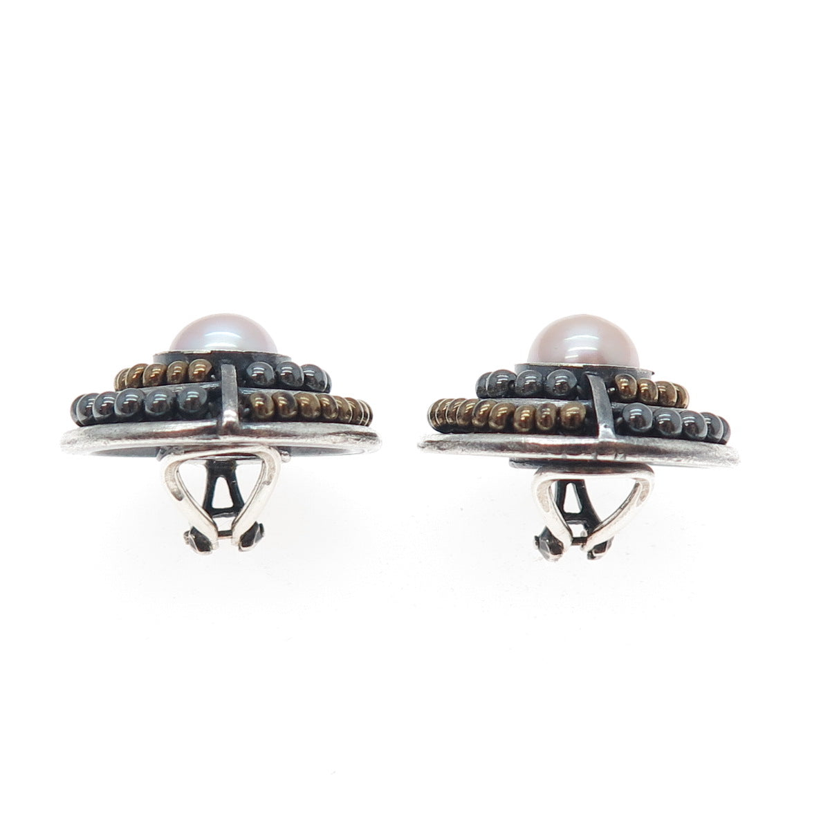 925 Sterling Silver 2-Tone Vintage Pearl Modernist Oxidized Clip On Earrings