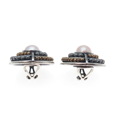 925 Sterling Silver 2-Tone Vintage Pearl Modernist Oxidized Clip On Earrings