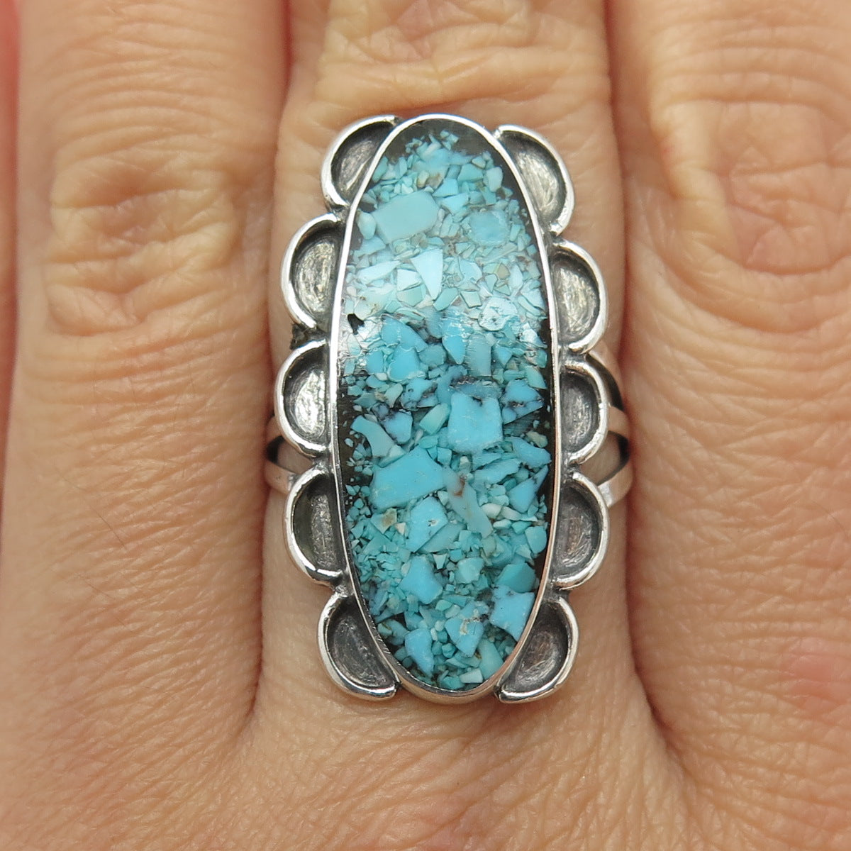 Old Pawn 925 Sterling Silver Vintage Southwestern Turquoise Inlay Ring Size 6.75