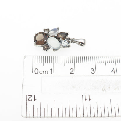 925 Sterling Silver Real Smoky Quartz Blue Topaz & Moonstone Charm Pendant