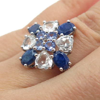 925 Sterling Silver Real Sapphire Light Blue Topaz & Iolite Cluster Ring Size 6