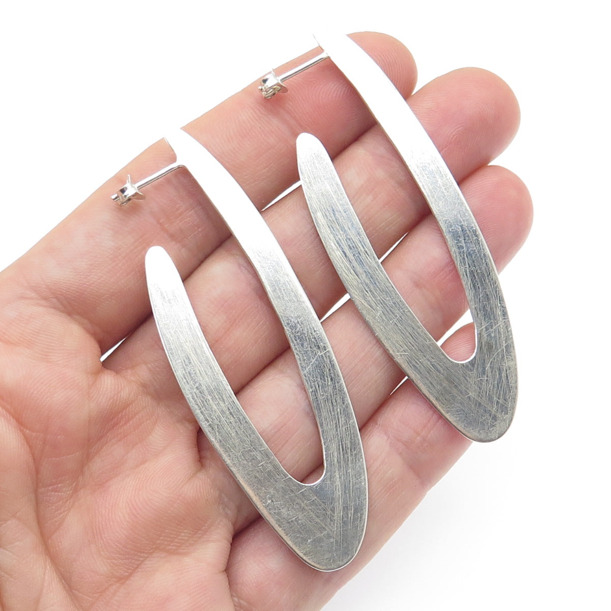 925 Sterling Silver Vintage Modernist Hoop Drop Earrings