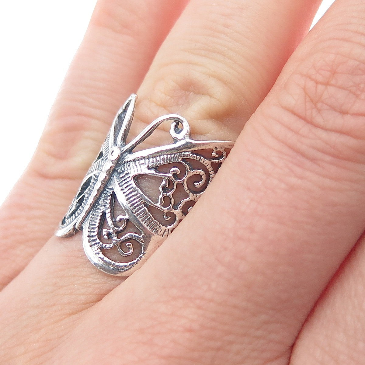 925 Sterling Silver Vintage Butterfly Filigree Oxidized Ring Size 6.5