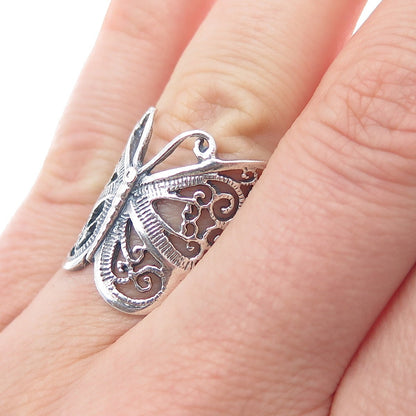 925 Sterling Silver Vintage Butterfly Filigree Oxidized Ring Size 6.5