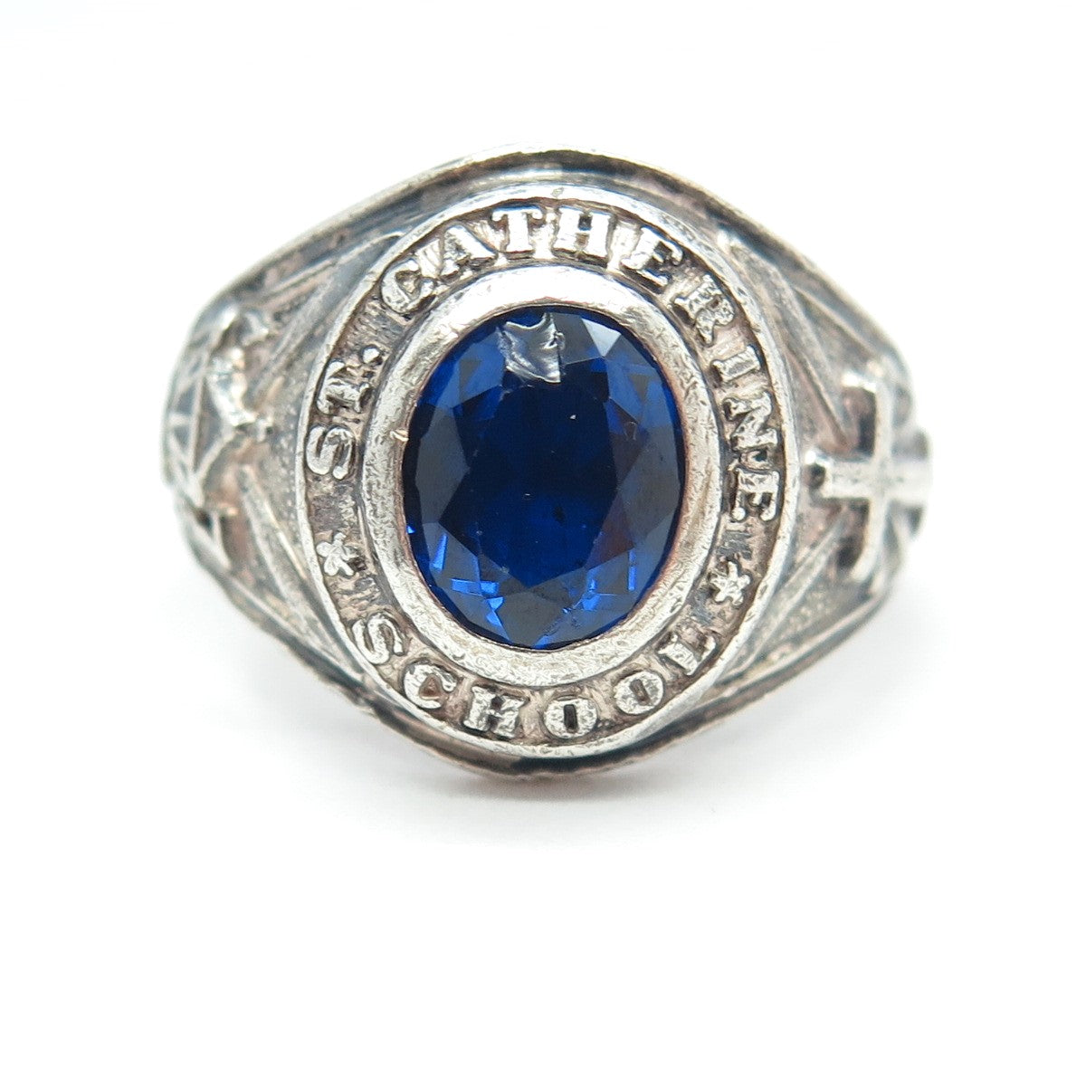 925 Sterling Silver Vintage 1974 Blue Glass St. Catherine School Ring Size 12