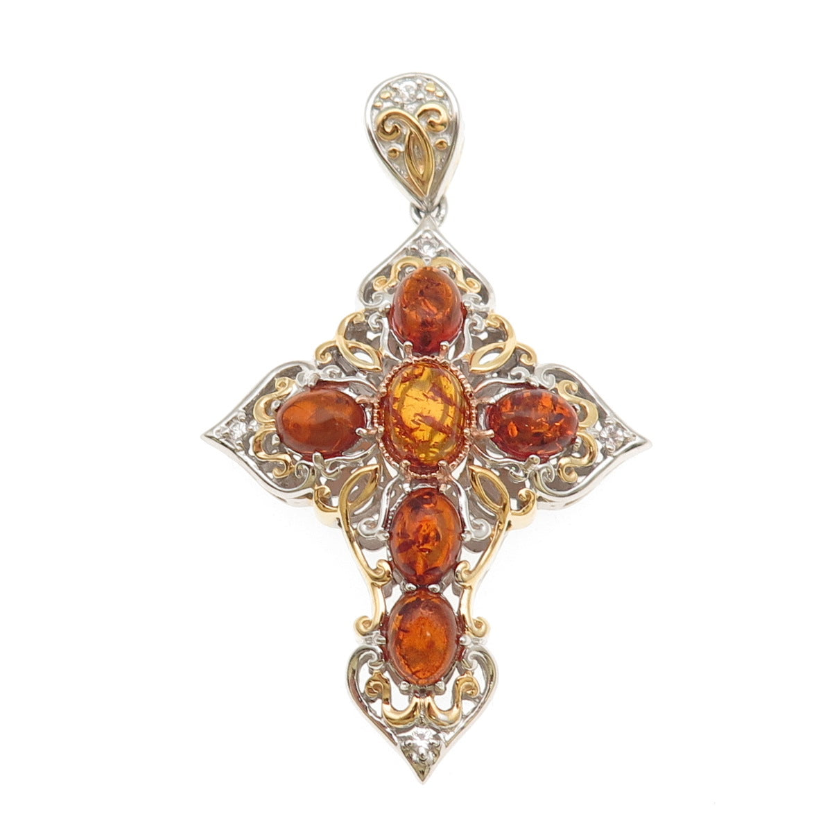 Michael Valitutti Gems En Vogue 925 Sterling 2-Tone Amber & Topaz Cross Pendant