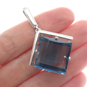 925 Sterling Silver Vintage Checkered Blue Glass Modernist Pendant