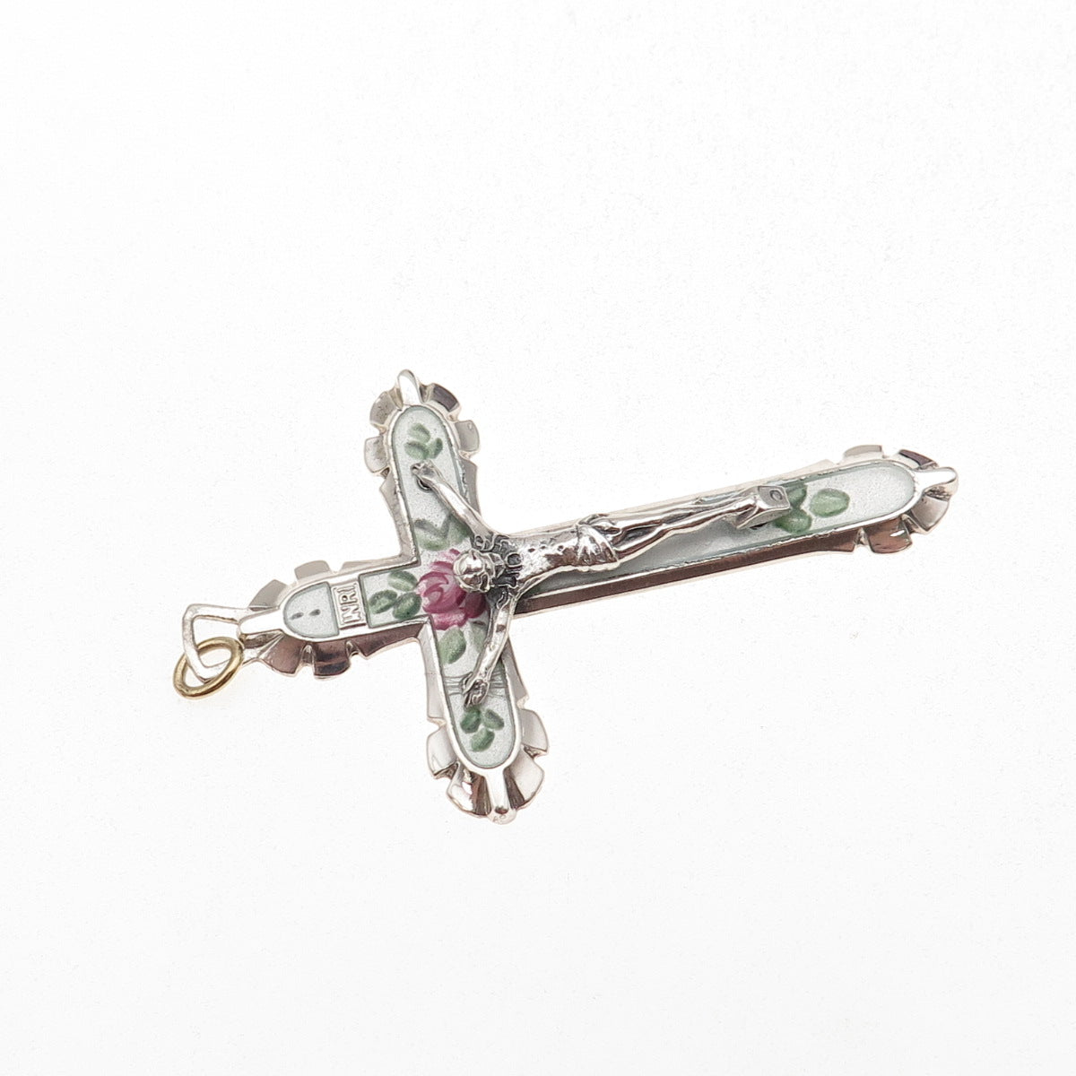 925 Sterling Silver Antique Art Deco Enamel Crucifix Cross Charm Pendant