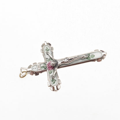 925 Sterling Silver Antique Art Deco Enamel Crucifix Cross Charm Pendant