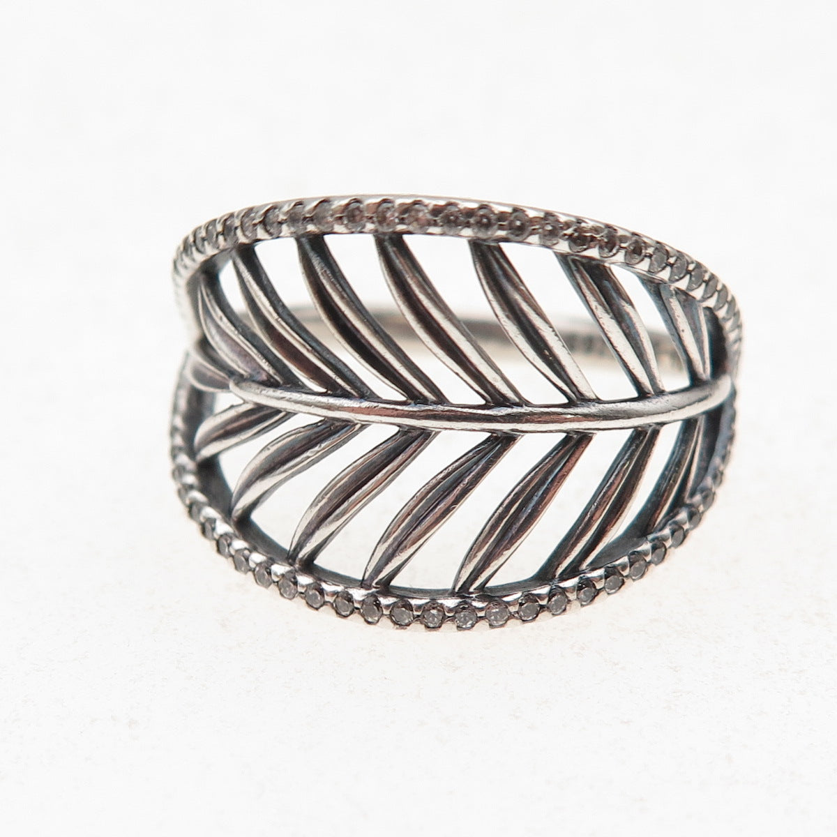 Pandora 925 Sterling Silver Round-Cut C Z Tropical Palm Leaf Ring Size 9.25