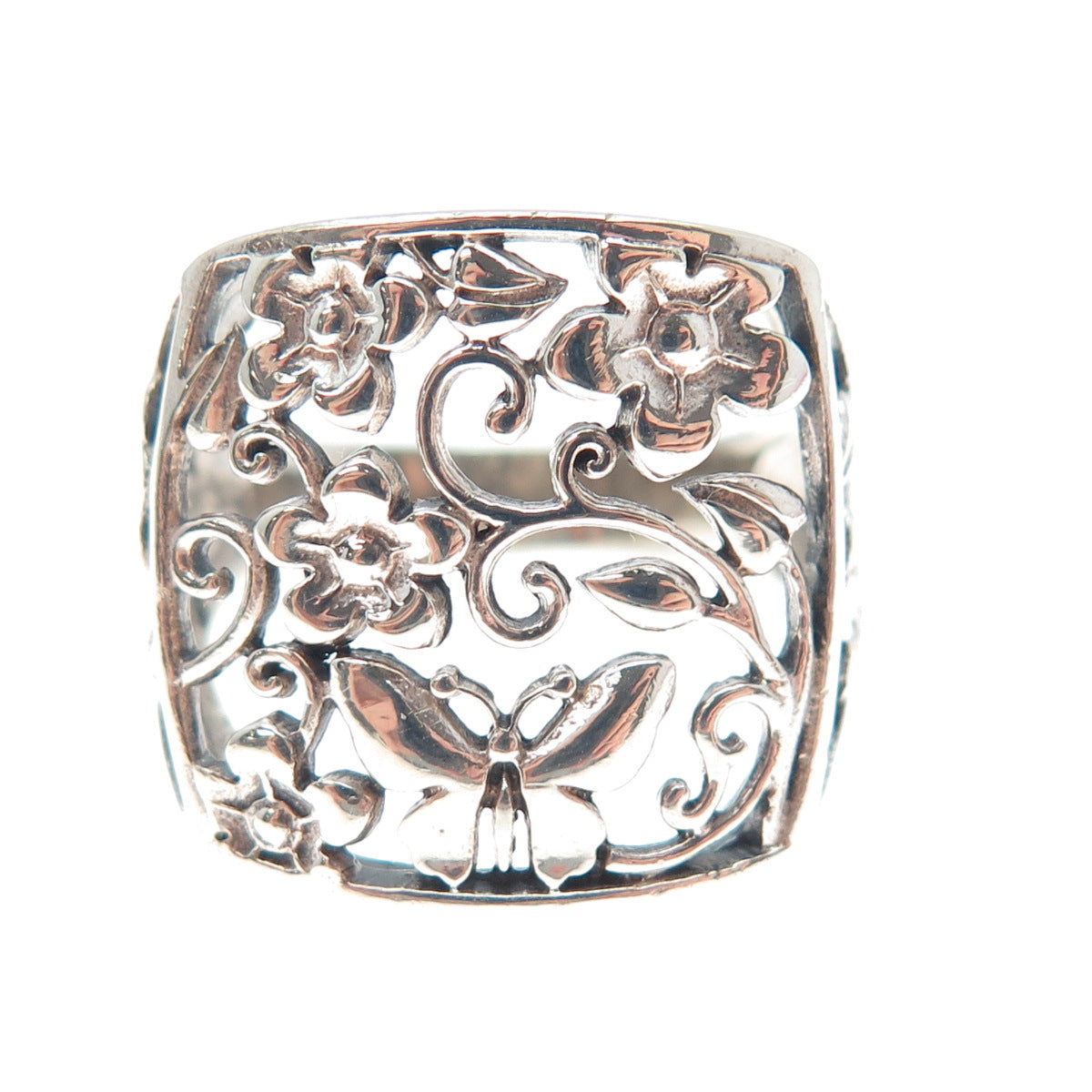 925 Sterling Silver Vintage Flower & Butterfly Ring Size 8