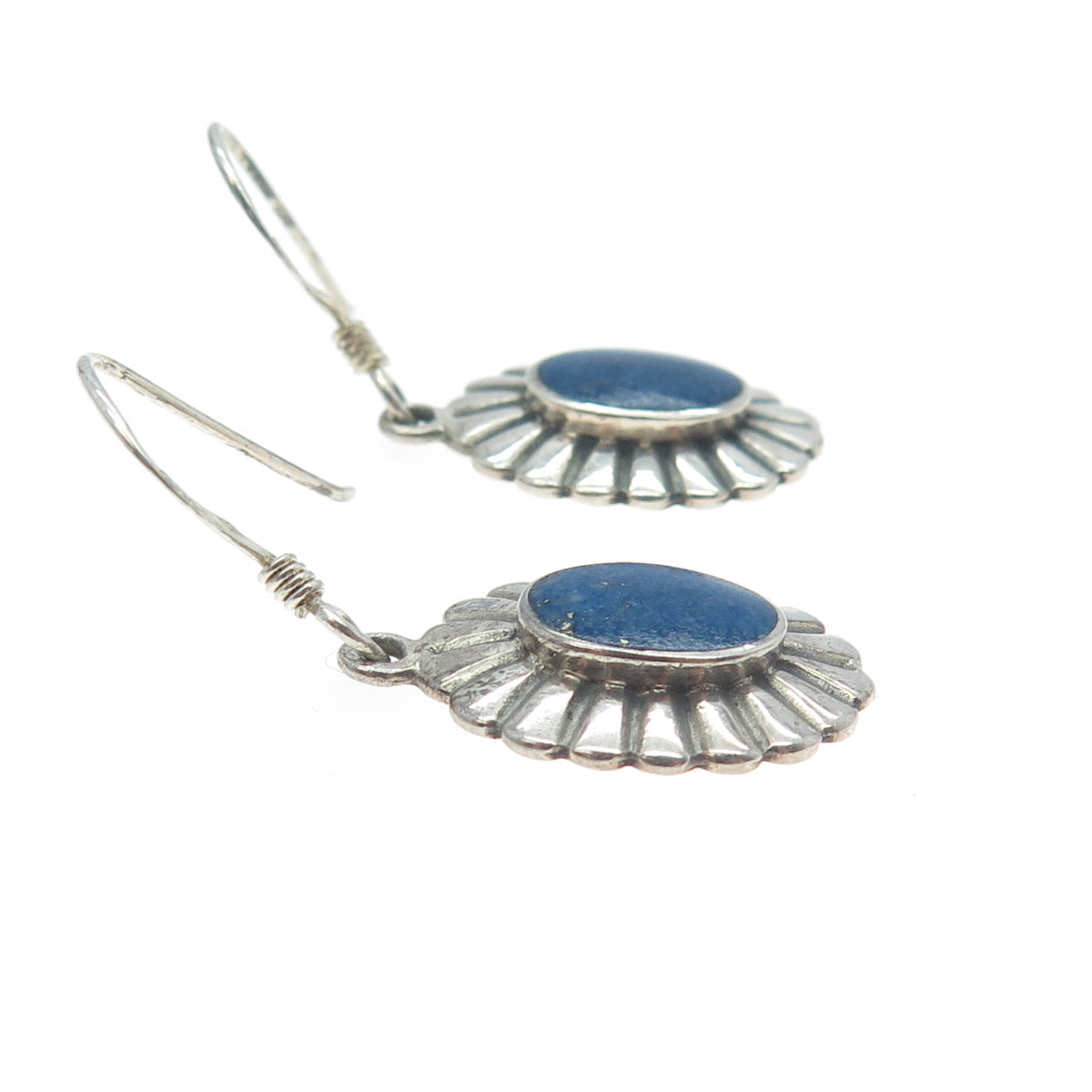 BOMA 925 Sterling Silver Vintage Real Lapis Lazuli Gem Dangling Hook Earrings