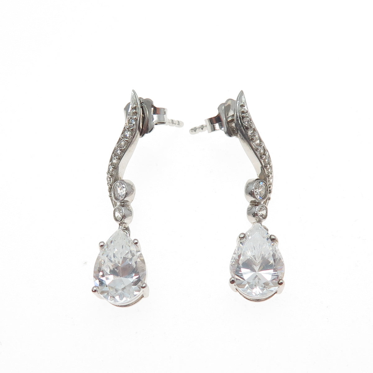 925 Sterling Silver Pear & Round-Cut C Z Dangle Earrings