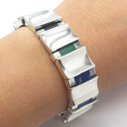 925 Sterling Silver Vintage Mexico Malachite Azurite & Black Onyx Bracelet 6.5"