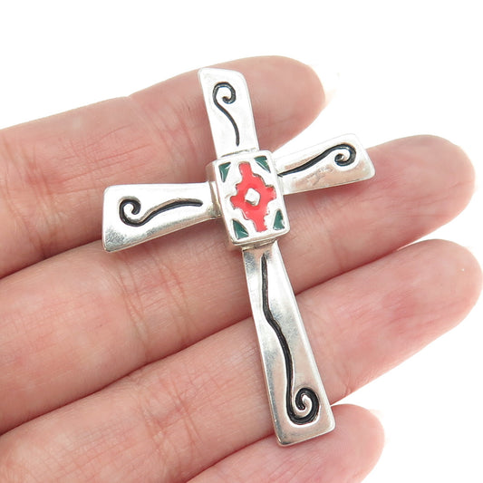 SHUBE 925 Sterling Silver Vintage Colorful Enamel Cross Pendant / Pin Brooch