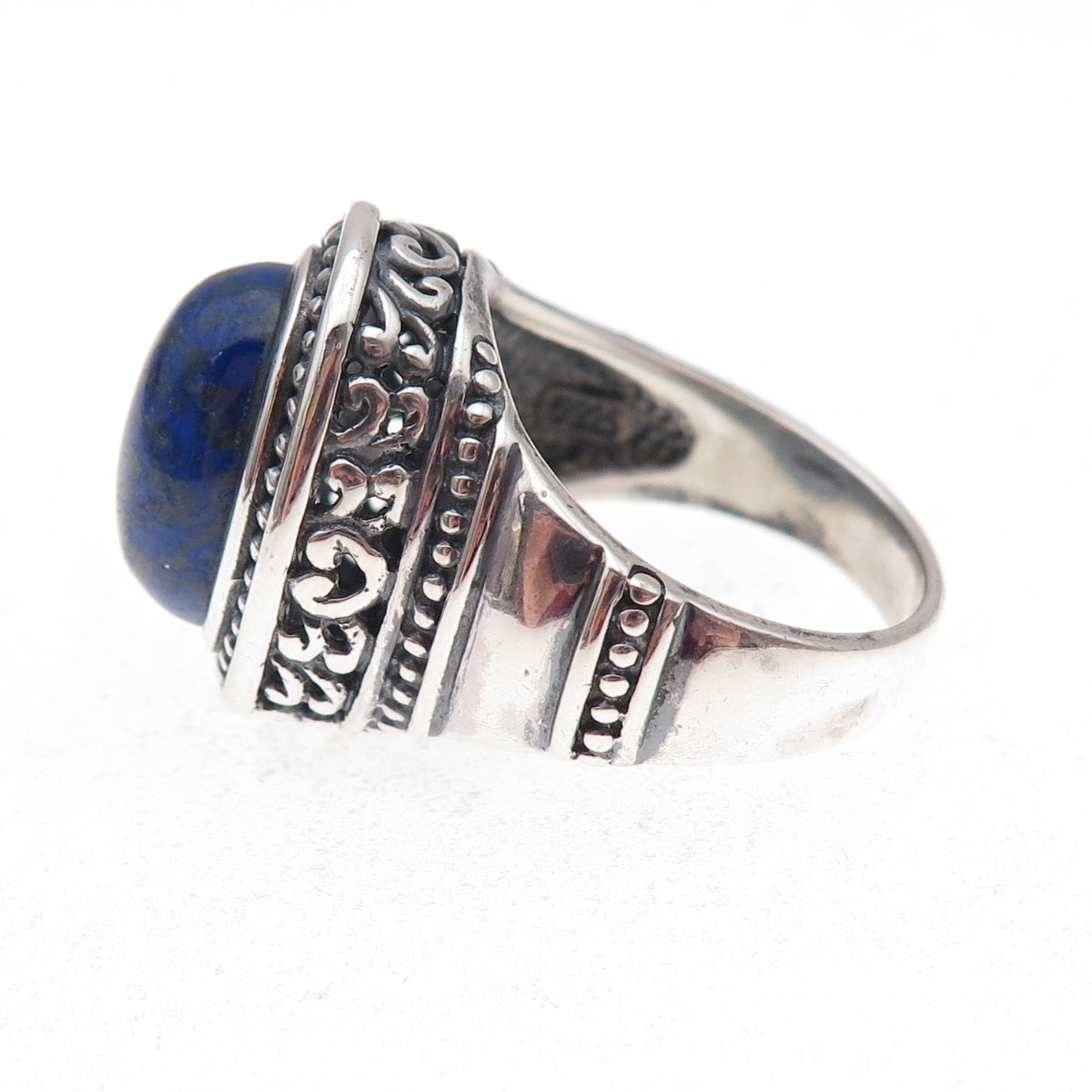 925 Sterling Silver Vintage Real Lapis Modernist Oxidized Ring Size 8