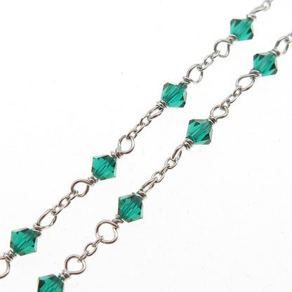 925 Sterling Silver Vintage Green Glass Beaded Chain Necklace 15-16"