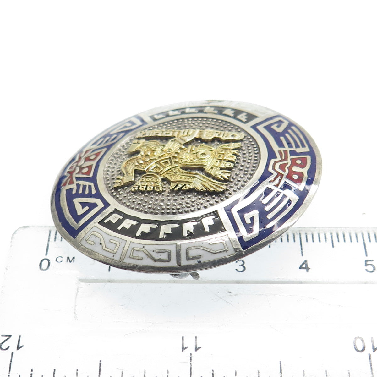 925 Sterling Silver & 18K Gold Vintage Peru Enamel Inca Deity Pin Pendant