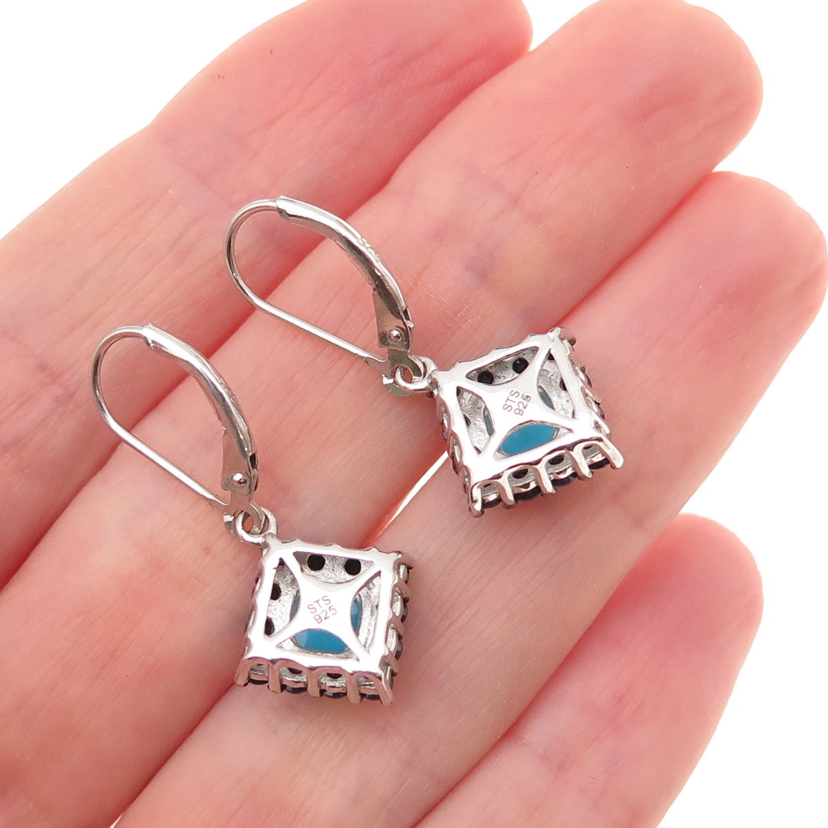Chuck Clemency 925 Sterling Silver Real Turquoise & Black Spinel Dangle Earrings