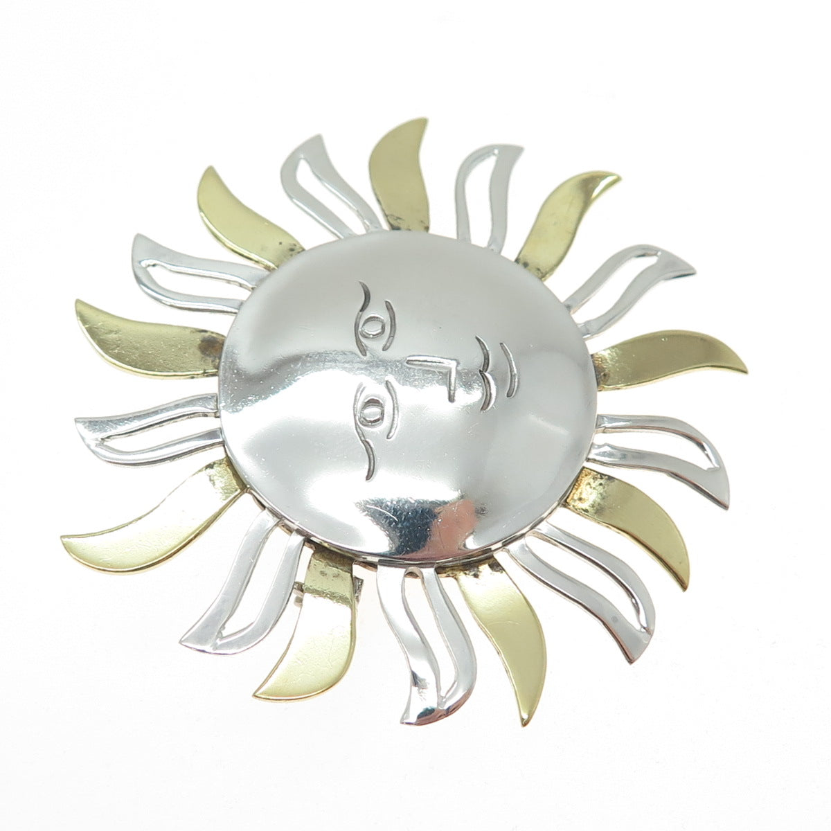 925 Sterling Silver 2-Tone Vintage Mexico Sun Face Pin Brooch