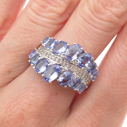 925 Sterling Silver Real Oval & Round-Cut Tanzanite & White Topaz Ring Size 8