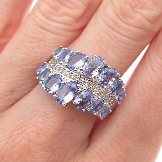 925 Sterling Silver Real Oval & Round-Cut Tanzanite & White Topaz Ring Size 8