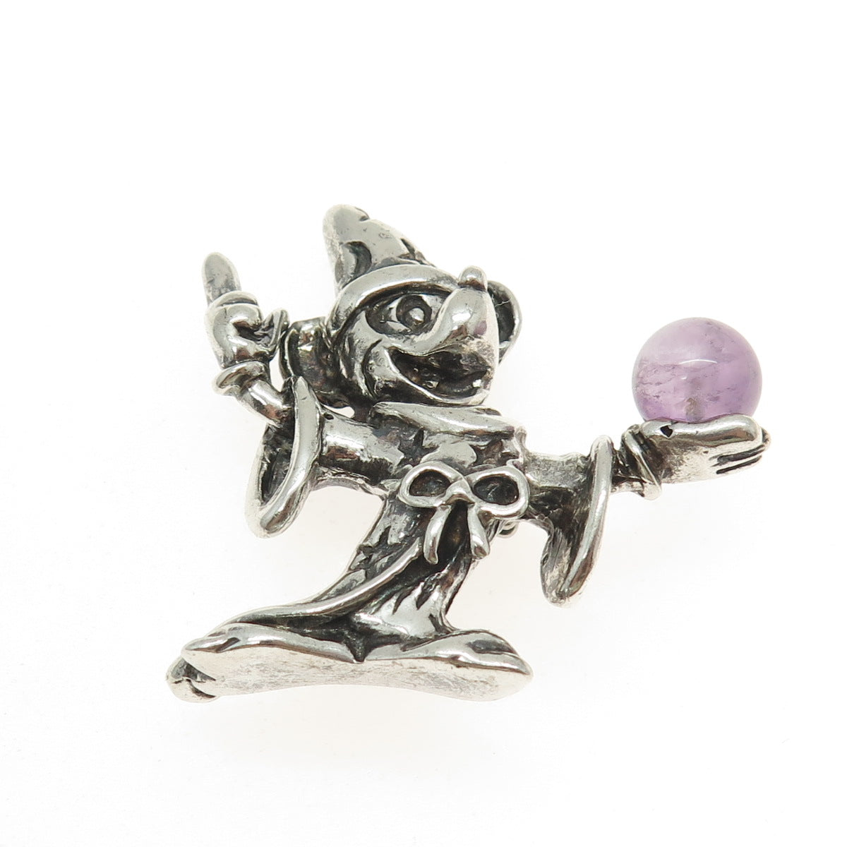 DISNEY 925 Sterling Silver Vintage Real Amethyst Gem Mickey Mouse Pin Brooch