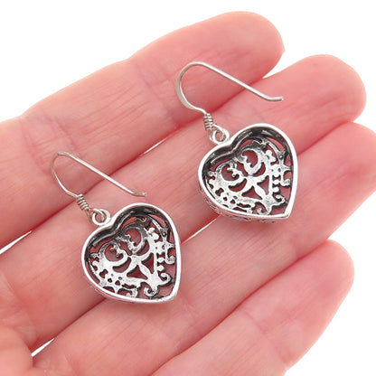 925 Sterling Silver Vintage Floral Heart Oxidized Dangle Earrings