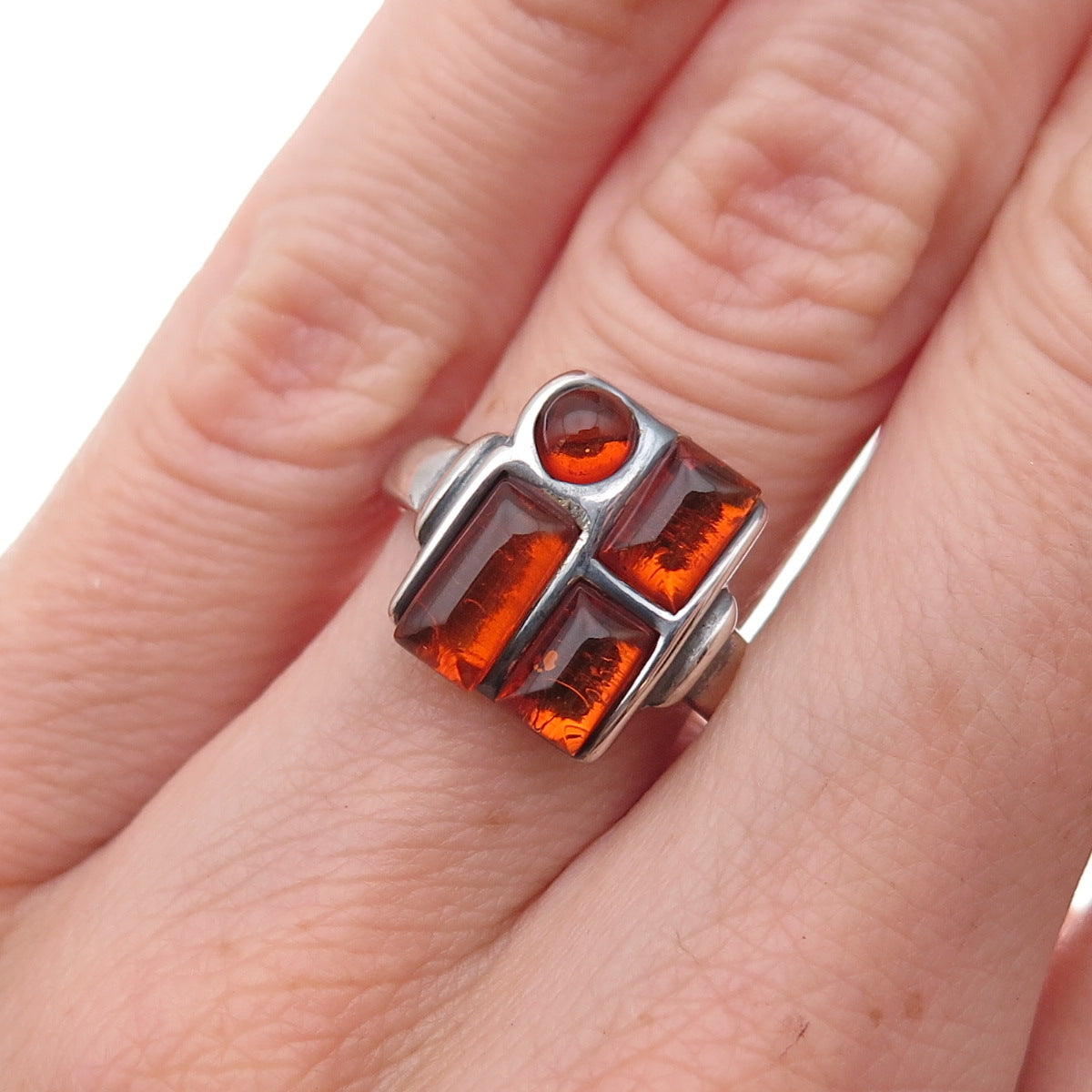 925 Sterling Silver Vintage Real Amber Modernist Oxidized Ring Size 6