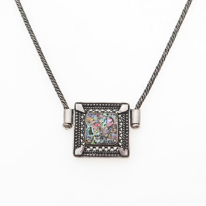 925 Sterling Silver Vintage Roman Glass Oxidized Chain Necklace 18"