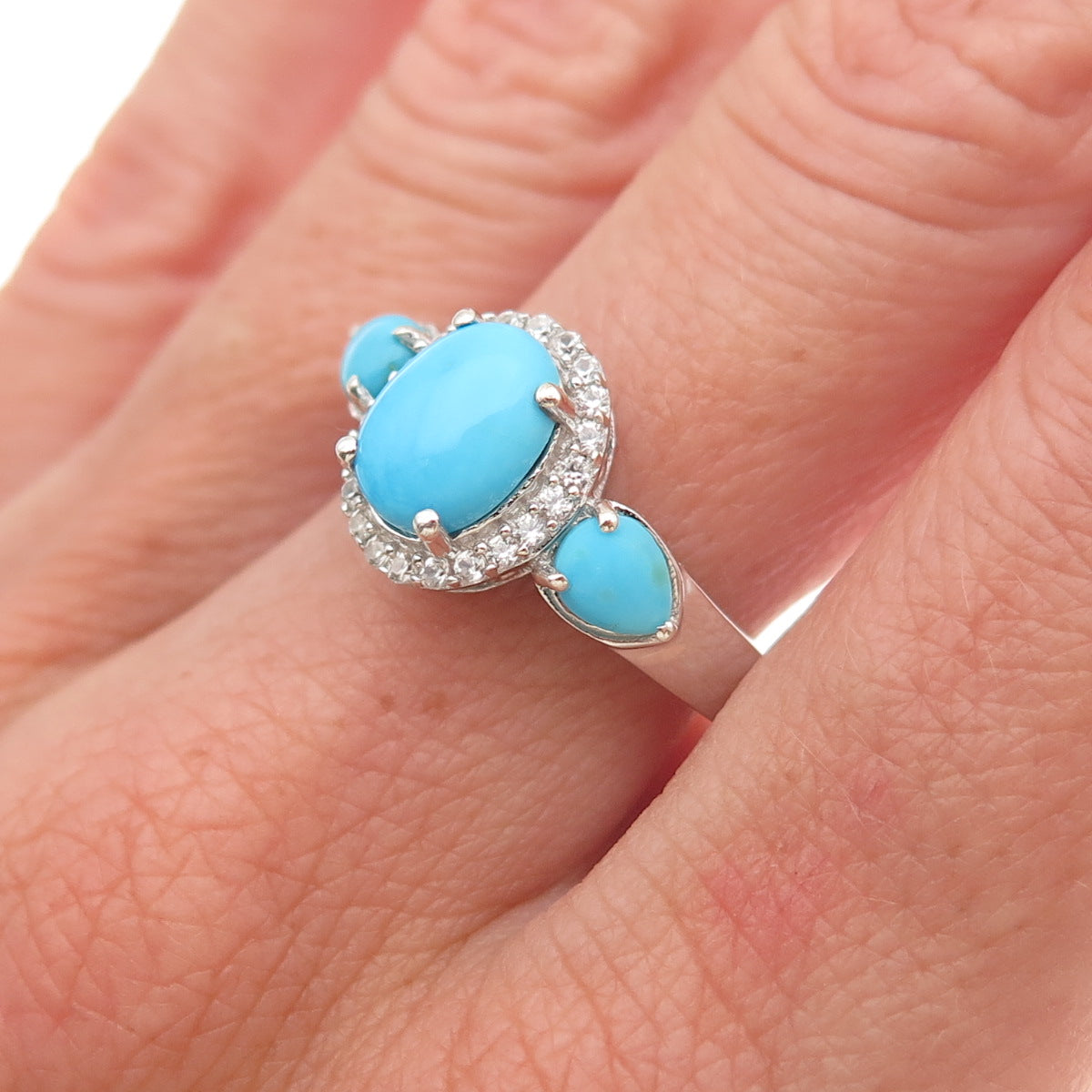 Chuck Clemency 925 Sterling Silver Real Turquoise & White Topaz Ring Size 8