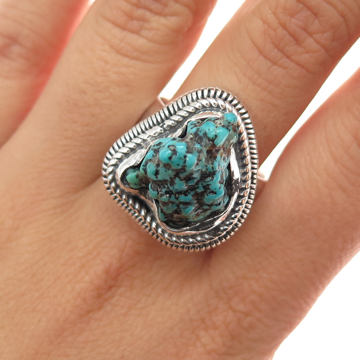 925 Sterling Silver Vintage Real Turquoise Modernist Ring Size 11.5