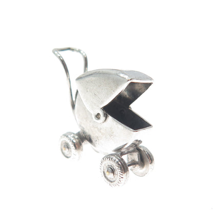 CARL ART 925 Sterling Silver Antique Baby Carriage Minimalist 3D Charm Pendant