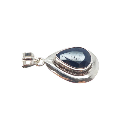 925 Sterling Silver Vintage Real Pear-Cut Sapphire Teardrop Charm Pendant