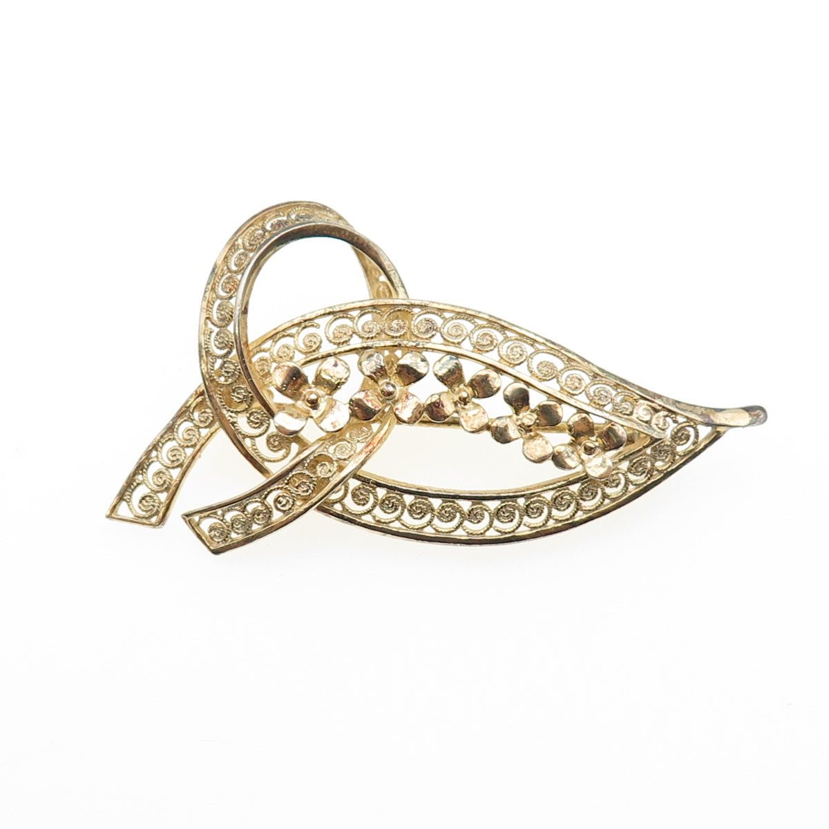 FOREIGN 925 Sterling Silver Gold Plated Vintage Flower Filigree Pin Brooch